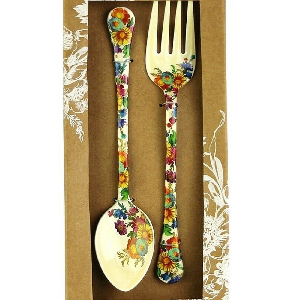 MACKENZIE CHILDS 2 PIECE SET FLOWER MARKET ENAMELED SERVING SET NEW ORIGINAL BOX